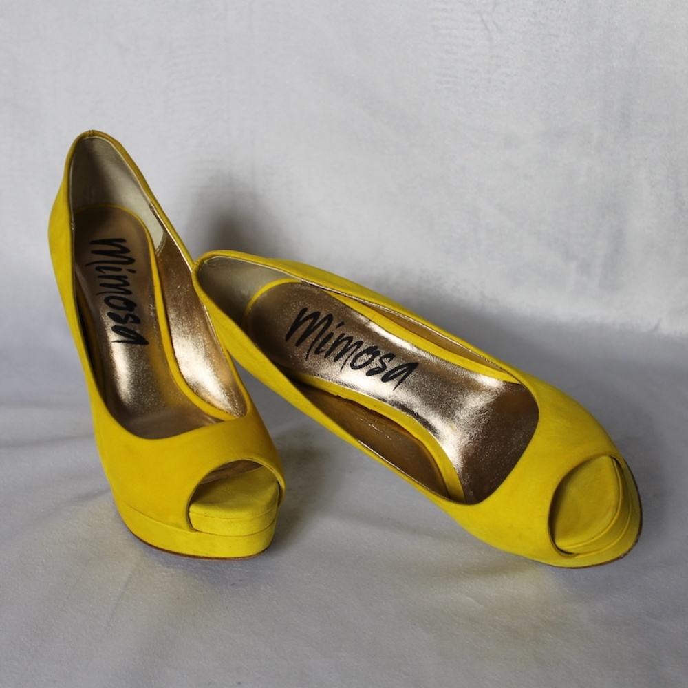 Mimosa Yellow Suede Peep Toe Heels - Picture 8 of 8